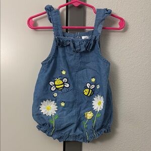Denim Blue Kids Romper with Bee and Flower Design